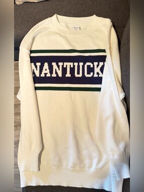 Moonrise Nantucket Crewneck Oversized Sweater with Navy & Green Stripes